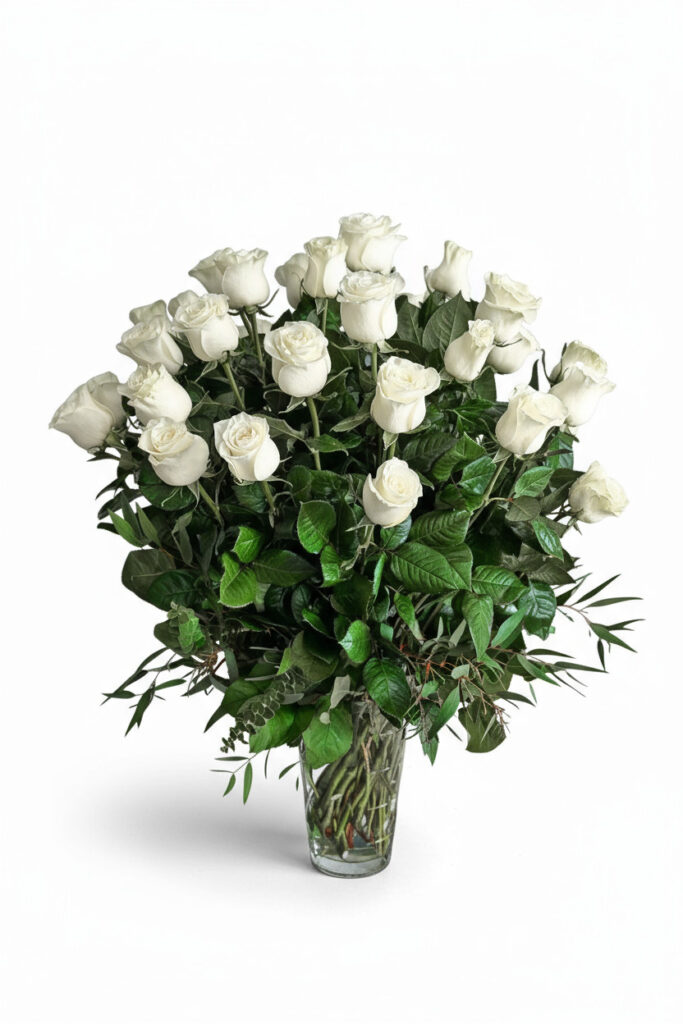 Three dozen white roses
