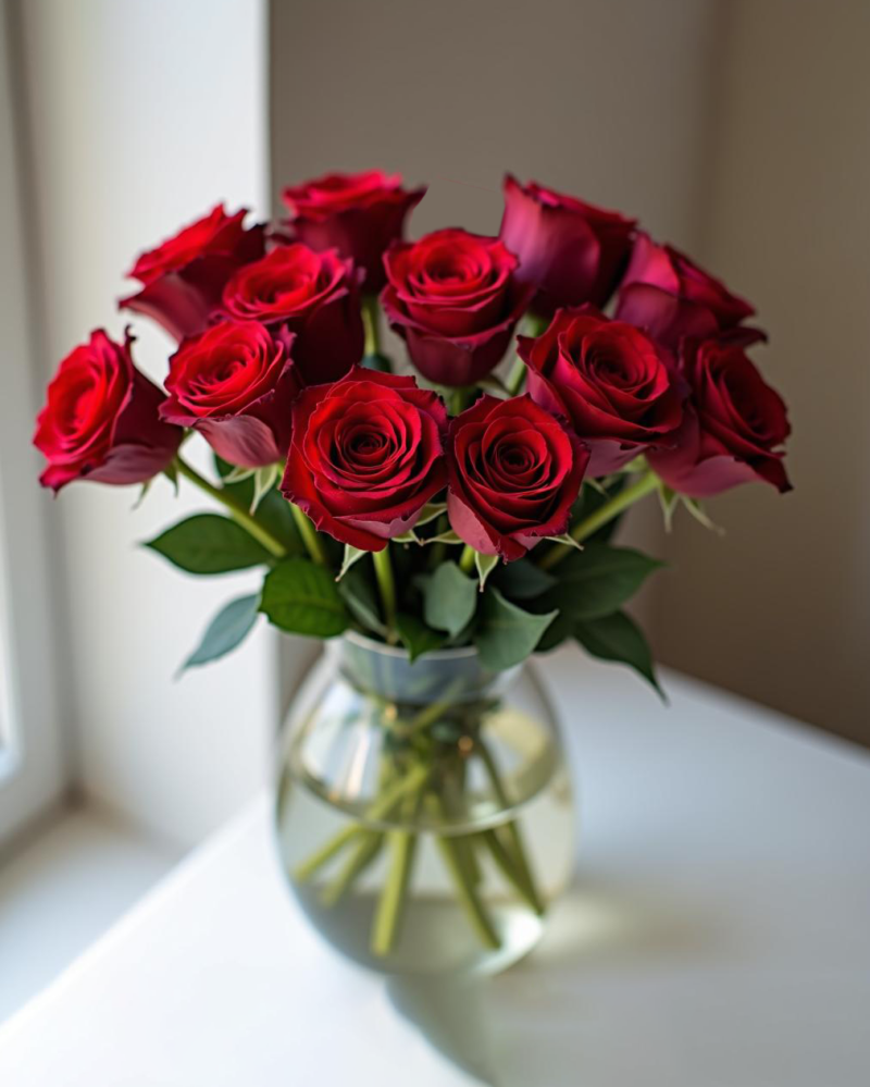 12 roses in vas flower arrangement