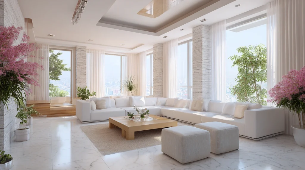 Living Room: Hi-Tech Interior Design and Perfect Flower Arrangements