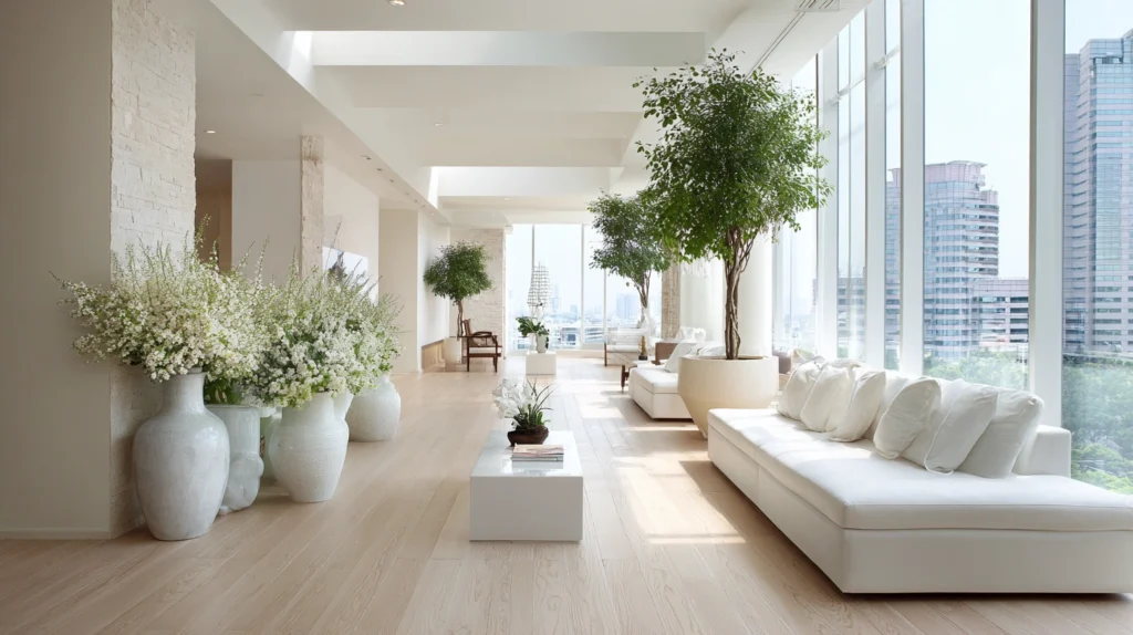 Living Room: Hi-Tech Interior Design and Perfect Flower Arrangements